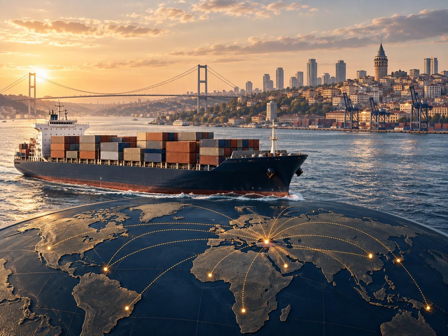 Boğaz Köprüsü ve İstanbul silueti önünde konteyner gemisi; alt bölümde ticaret ağlarını gösteren dünya haritası
